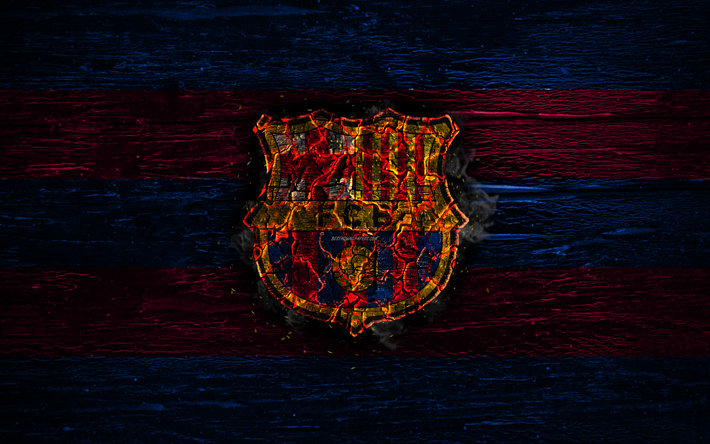 برشلونة FC, النار الشعار, الليغا, الأزرق والبنفسجي خطوط, الاسباني لكرة القدم, الجرونج, برشلونة, كرة القدم, شعار, نسيج خشبي, إسبانيا