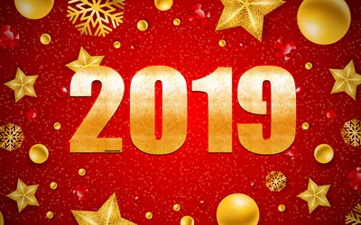 2019 Year, New Year, red Christmas background, golden decorations, golden metal numerals, Happy New Year, creative art, 2019 concepts