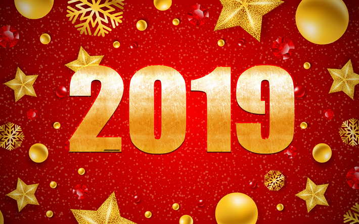 سنة 2019, السنة الجديدة, الأحمر خلفية عيد الميلاد, زخارف ذهبية, المعدن الذهبي الأرقام, سنة جديدة سعيدة, الفنون الإبداعية, 2019 المفاهيم