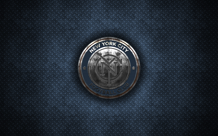 new york city fc, 4k -, metall-logo, creative art, american soccer club, mls, emblem, blau-metallic hintergrund, new york, usa, fu&#223;ball, major league soccer