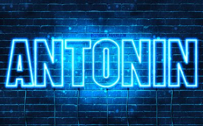 Antonin, 4k, fonds d’&#233;cran avec des noms, nom d’Antonin, n&#233;ons bleus, Joyeux anniversaire Antonin, populaires fran&#231;ais noms masculins, image avec le nom d’Antonin