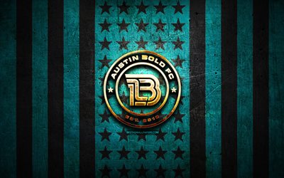 Austin Bold flag, USL, blue black metal background, american soccer club, Austin Bold logo, USA, soccer, Austin Bold FC, golden logo