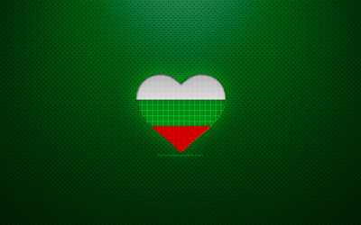Amo la Bulgaria, 4k, Europa, sfondo verde punteggiato, cuore bandiera bulgara, Bulgaria, paesi preferiti, Amore Bulgaria, bandiera bulgara
