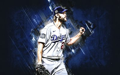Clayton Kershaw, Los Angeles Dodgers, MLB, american baseball player, portrait, blue stone background, Major League Baseball