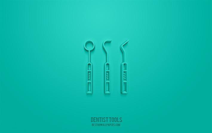 أدوات طبيب الأسنان رمز 3d, خلفية خضراء, رموز ثلاثية الأبعاد, أدوات طبيب الأسنان, الفن الإبداعي 3D, أيقونات ثلاثية الأبعاد, علامة أدوات طبيب الأسنان, طب الأسنان 3d الرموز