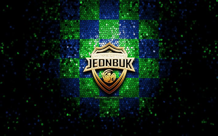 Jeonbuk Hyundai Motors FC, logotipo de purpurina, K League 1, fondo a cuadros azul verde, f&#250;tbol, club de f&#250;tbol japon&#233;s, logotipo de Jeonbuk Hyundai Motors, arte en mosaico, Jeonbuk Hyundai Motors