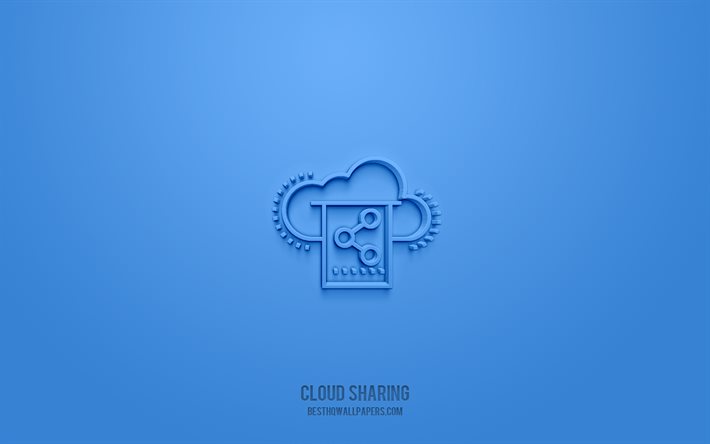 Icona 3d condivisione cloud, sfondo blu, simboli 3d, condivisione cloud, arte 3d creativa, icone 3d, segno condivisione cloud, icone rete 3d