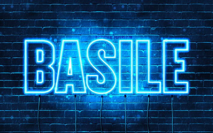 Basile, 4k, fonds d&#39;&#233;cran avec noms, nom Basile, n&#233;ons bleus, joyeux anniversaire Basile, noms masculins fran&#231;ais populaires, photo avec le nom Basile