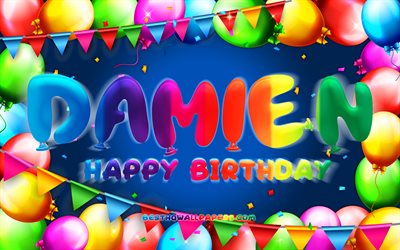 Buon compleanno Damien, 4k, cornice palloncino colorato, nome Damien, sfondo blu, buon compleanno Damien, compleanno Damien, nomi maschili americani popolari, concetto di compleanno, Damien