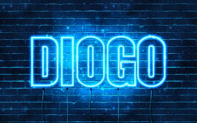 Diogo, 4k, fonds d&#39;&#233;cran avec des noms, nom Diogo, n&#233;ons bleus, joyeux anniversaire Diogo, noms masculins portugais populaires, photo avec nom Diogo