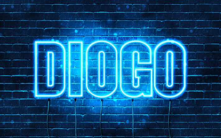 ディオゴ, 4k, 名前の壁紙, ディオゴの名前, 青いネオン, お誕生日おめでとうディオゴ, 人気のあるポルトガルの男性の名前, ディオゴの名前の写真
