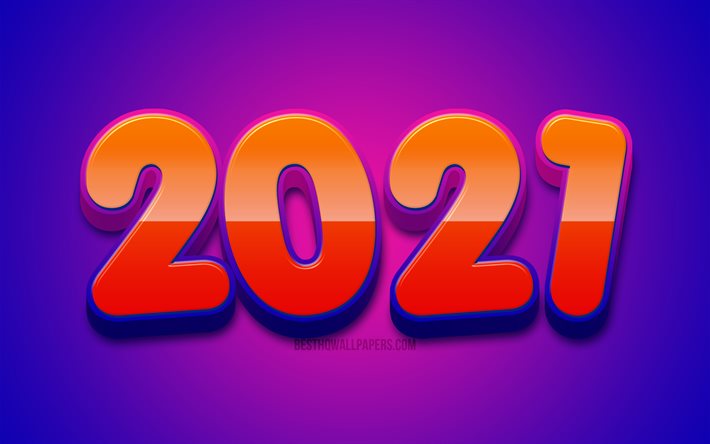 4k, bonne ann&#233;e 2021, chiffres 3D violets, chiffres violets 2021, concepts 2021, nouvel an 2021, 2021 sur fond violet, chiffres de l&#39;ann&#233;e 2021