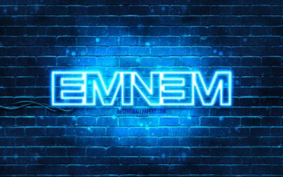Eminem blue logo, 4k, superstars, american rapper, blue brickwall, Eminem logo, Marshall Bruce Mathers III, Eminem, music stars, Eminem neon logo