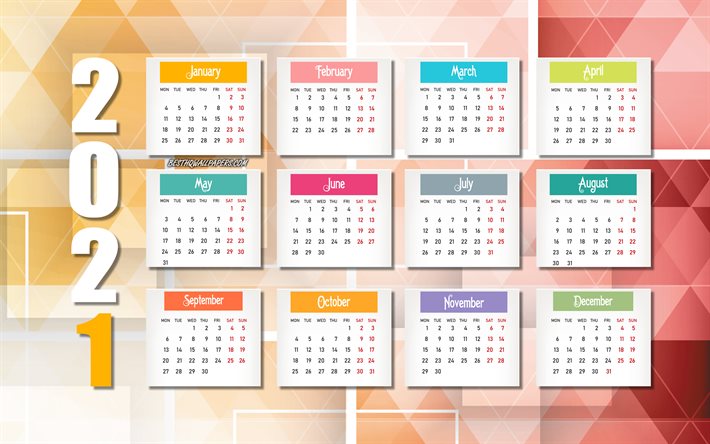 Calendario astratto 2021, sfondo a mosaico, calendario 2021 per tutti i mesi, elementi in carta 2021, concetti 2021, Capodanno 2021, Calendario 2021