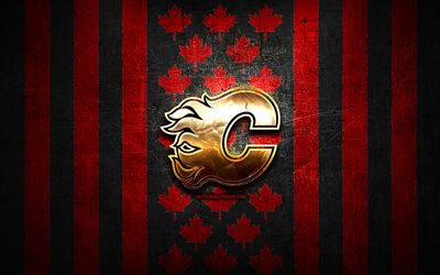 Calgary Flames flag, NHL, red black metal background, canadian hockey team, Calgary Flames logo, Canada, hockey, golden logo, Calgary Flames