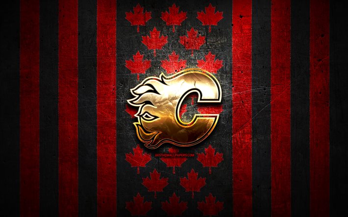 Calgary Flames -lippu, NHL, punainen musta metallitausta, kanadalainen j&#228;&#228;kiekkojoukkue, Calgary Flames -logo, Kanada, j&#228;&#228;kiekko, kultainen logo, Calgary Flames