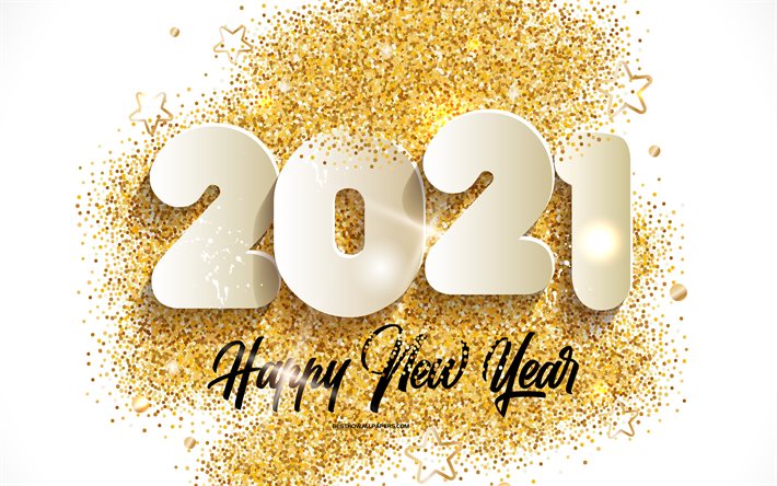 2021 New Year, 4k, gold sparkles, 2020 golden glitter background, 2021 concepts, Happy New Year 2021, golden glitter, 2021 white 3d letters