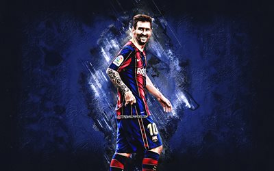 Lionel Messi, FC Barcelona, Liga dos Campeões, futebol, estrela mundial do futebol, Leo Messi, La Liga, fundo azul criativo