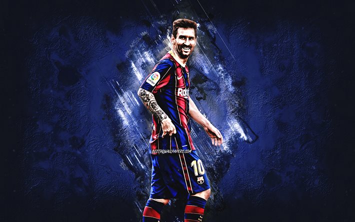 Lionel Messi, FC Barcelona, Liga dos Campe&#245;es, futebol, estrela mundial do futebol, Leo Messi, La Liga, fundo azul criativo
