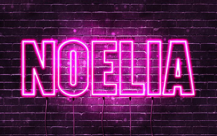 Noelia, 4k, fonds d&#39;&#233;cran avec noms, noms f&#233;minins, nom Noelia, n&#233;ons violets, Joyeux anniversaire Noelia, noms f&#233;minins espagnols populaires, photo avec le nom Noelia