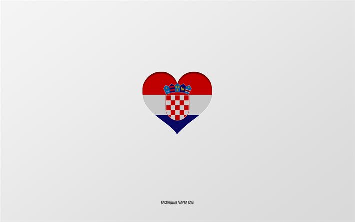 Hırvatistan&#39;ı seviyorum, avrupa &#252;lkeleri, hırvatistan, gri arkaplan, hırvatistan bayrağı kalp, favori &#252;lke, aşk hırvatistan