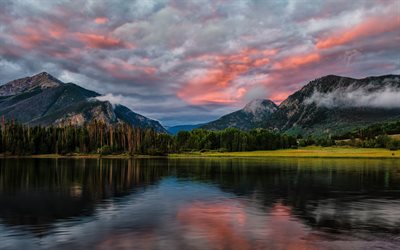 Dillon Reservoir, 4k, sunset, Lake Dillon, mountains, Summit County, Colorado, beautiful nature, USA, America
