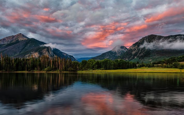 ディロン貯水池, 4k, sunset, ディロン湖, 山地, サミット郡, Colorado, 美しい自然, 米国, アメリカ