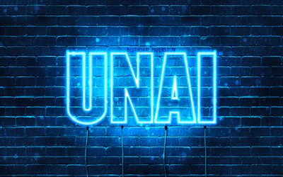 Unai, 4k, fonds d&#39;&#233;cran avec des noms, nom Unai, n&#233;ons bleus, joyeux anniversaire Unai, noms masculins espagnols populaires, photo avec nom Unai