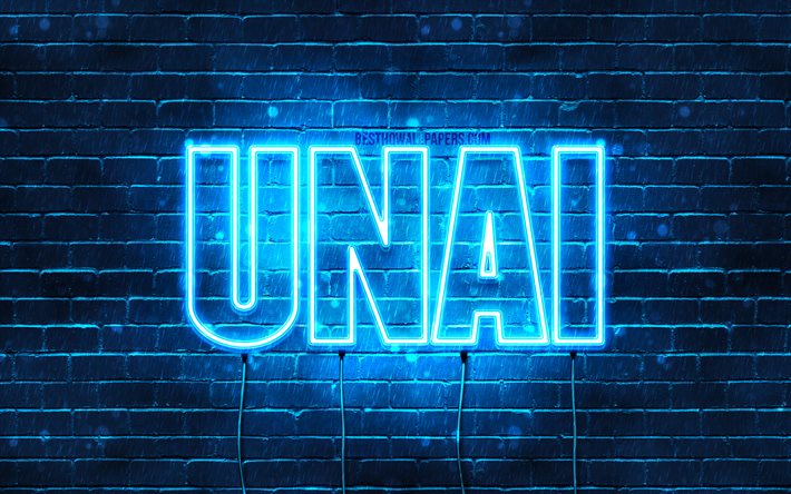 Unai, 4k, bakgrundsbilder med namn, Unai-namn, bl&#229; neonljus, Grattis p&#229; f&#246;delsedagen Unai, popul&#228;ra spanska manliga namn, bild med Unai-namn