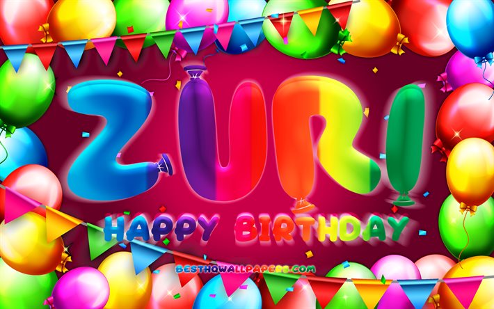 Buon compleanno Zuri, 4k, cornice palloncino colorato, nome Zuri, sfondo viola, buon compleanno Zuri, compleanno Zuri, nomi femminili americani popolari, concetto di compleanno, Zuri