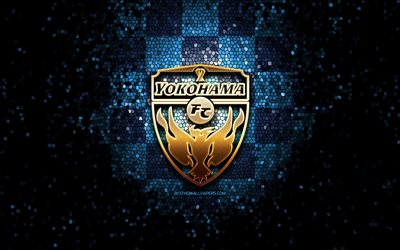 Yokohama FC, glitter logo, J1 League, blue checkered background, soccer, japanese football club, Yokohama FC logo, mosaic art, football