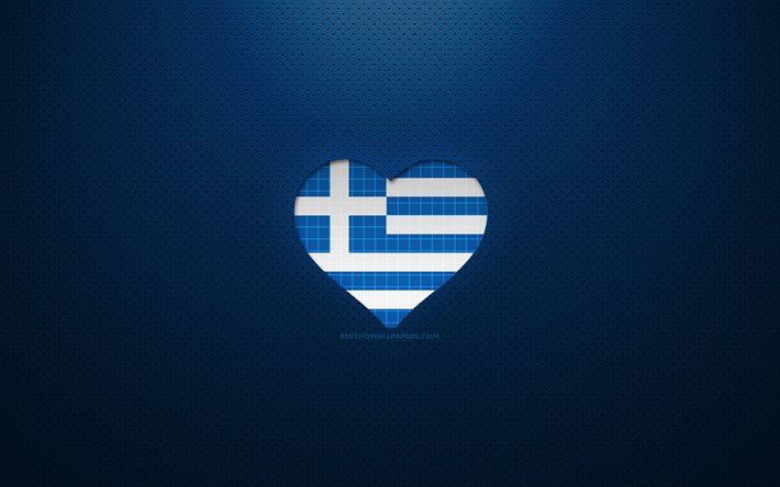 J&#39;aime la Gr&#232;ce, 4k, l&#39;Europe, fond pointill&#233; bleu, coeur de drapeau grec, Gr&#232;ce, pays pr&#233;f&#233;r&#233;s, aime la Gr&#232;ce, drapeau grec
