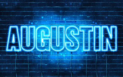 Augustin, 4k, wallpapers with names, Augustin name, blue neon lights, Happy Birthday Augustin, popular french male names, picture with Augustin name