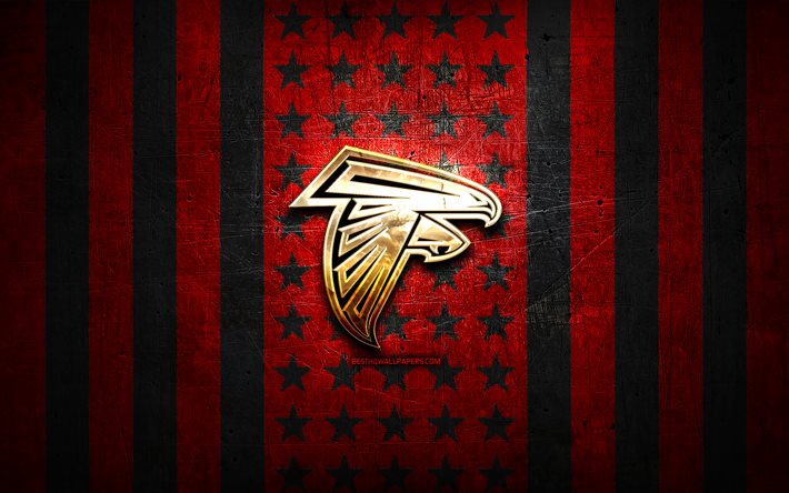 Atlanta Falcons flag, NFL, red black metal background, american football team, Atlanta Falcons logo, USA, american football, golden logo, Atlanta Falcons
