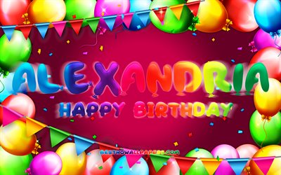 Happy Birthday Alexandria, 4k, colorful balloon frame, Alexandria name, purple background, Alexandria Happy Birthday, Alexandria Birthday, popular american female names, Birthday concept, Alexandria