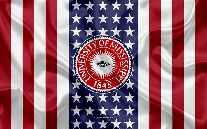 emblem der universit&#228;t von mississippi, amerikanische flagge, logo der universit&#228;t von mississippi, universit&#228;t, mississippi, usa, universit&#228;t von mississippi