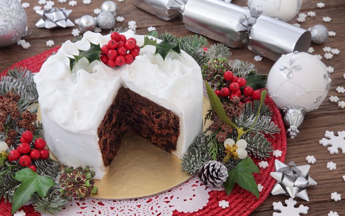 Christmas cake, New Year, chocolate cake with white cream, Christmas decoration, Merry Christmas