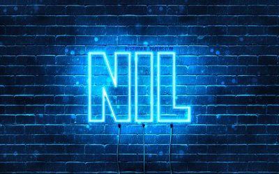 Nil, 4k, wallpapers with names, Nil name, blue neon lights, Happy Birthday Nil, popular spanish male names, picture with Nil name