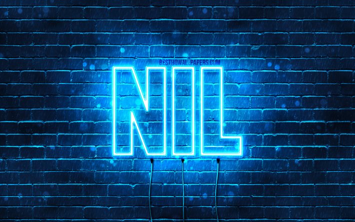 Nil, 4k, fonds d&#39;&#233;cran avec des noms, nom Nil, n&#233;ons bleus, joyeux anniversaire Nil, noms masculins espagnols populaires, photo avec nom Nil