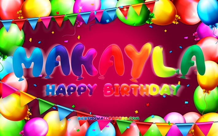 Buon compleanno Makayla, 4k, cornice palloncino colorato, nome Makayla, sfondo viola, buon compleanno Makayla, compleanno Makayla, nomi femminili americani popolari, concetto di compleanno, Makayla