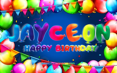 Buon compleanno Jayceon, 4k, cornice palloncino colorato, nome Jayceon, sfondo blu, buon compleanno Jayceon, compleanno Jayceon, nomi maschili americani popolari, concetto di compleanno, Jayceon