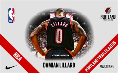 Damian Lillard, Portland Trail Blazers, amerikkalainen koripallopelaaja, NBA, muotokuva, USA, koripallo, Moda Center, Portland Trail Blazers -logo