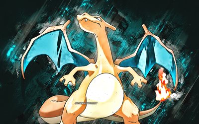 Charizard, Pokemon, Lizardon, creative art, Pokemon Go, blue stone background, Pokemon series character