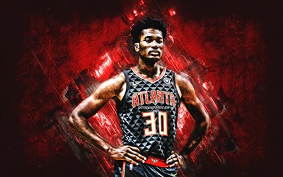 Damian Jones, Atlanta Hawks, NBA, american basketball player, red stone background, basketball
