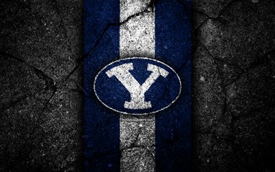 Brigham Young Cougars, 4k, american football team, NCAA, blue white stone, USA, asphalt texture, american football, Brigham Young Cougars logo