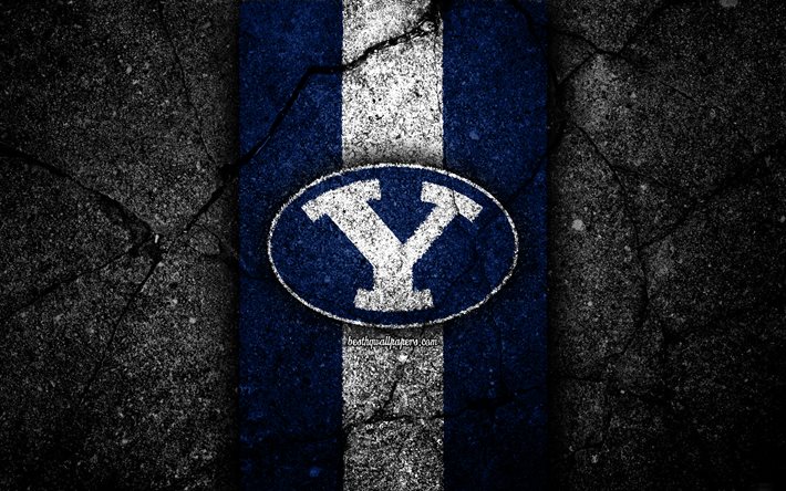 Brigham Young Cougars, 4K, squadra di football americano, NCAA, pietra bianca blu, USA, trama di asfalto, football americano, logo di Brigham Young Cougars
