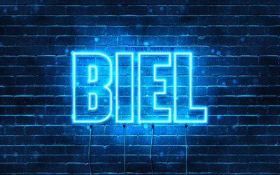 Biel, 4k, bakgrundsbilder med namn, Biel namn, bl&#229; neonljus, Grattis p&#229; f&#246;delsedagen Biel, popul&#228;ra spanska manliga namn, bild med Biel namn