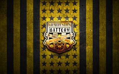 Charleston Battery flag, USL, yellow black metal background, american soccer club, Charleston Battery logo, USA, soccer, Charleston Battery FC, golden logo