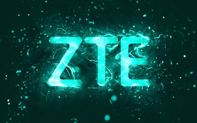 Logo ZTE turchese, 4k, luci al neon turchesi, creativo, sfondo astratto turchese, logo ZTE, marchi, ZTE
