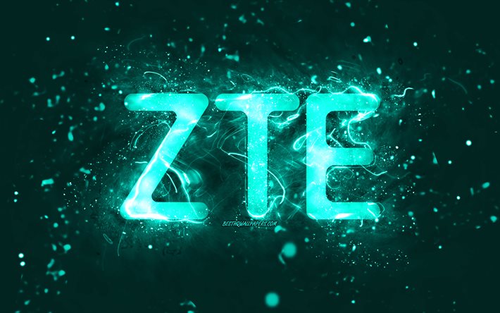 ZTE turquoise logo, 4k, turquoise neon lights, creative, turquoise abstract background, ZTE logo, brands, ZTE